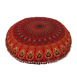 Radhykrishnafashions Indian 32" Large Hippie Mandala Floor Pillow Cover - Cushion Cover - Pouf Cover Round Bohemian Yoga Decor Floor Cushion Case (RED)