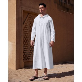 YAOHUOLE Mens Kaftan Thobe Long Sleeve Casual Muslim Robes Button Up Loose Long Down with Hoodie White M