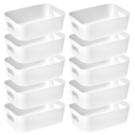 QWORK® 10 PCS White Plastic Storage Boxes with Handle 20.5 * 14 * 7 cm, Stackable PP Containers Ideal for Home, Office, and School Use