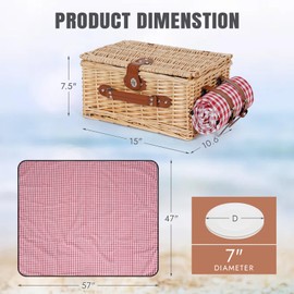 HappyPicnic Picnic Basket Set for 2 - Wicker Picnic Basket with Waterproof Blanket & Insulated Liner, Large Handmade Willow Hamper with Cutlery Kit for Outdoor, Picnic, Camping, Party, Holidays (Red)