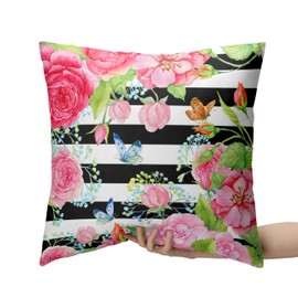 Kwlegh Spring Summer Pillow Covers 18x18 Set of 2 Rose Throw Pillow Covers Butterfly Flowers Pillow Case Black Stripes Cotton Blend Cushion Case for Home Decor Couch Sofa