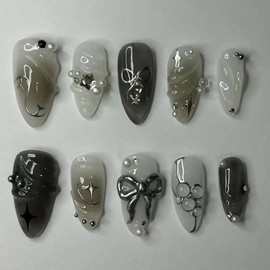 Almond Press on Nails Medium Fake Nails with 3D Bow Water Ripple Design Silver Starburst Ombre Glossy Full Cover Stick on Nails for Women 24 Pcs