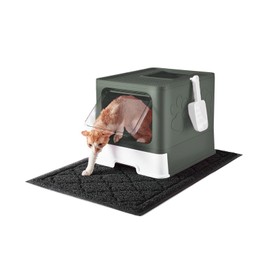 Medario Cat Litter Box with X-Large Litter Mat and Scoop, Large Foldable Litter Box with Lid, Enclosed Kitty Box,Front Top Entry Exit, Odor Control Easy to Clean (Upgrade Olive Green)