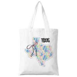 ZYQFN Texas State Bluebonnet Tote Bag - Trendy Girly Coquette Bow Floral Design - Cute Wildflower Canvas Bag - Reusable Southern Grocery Tote for Women & Texas Lovers. (157)