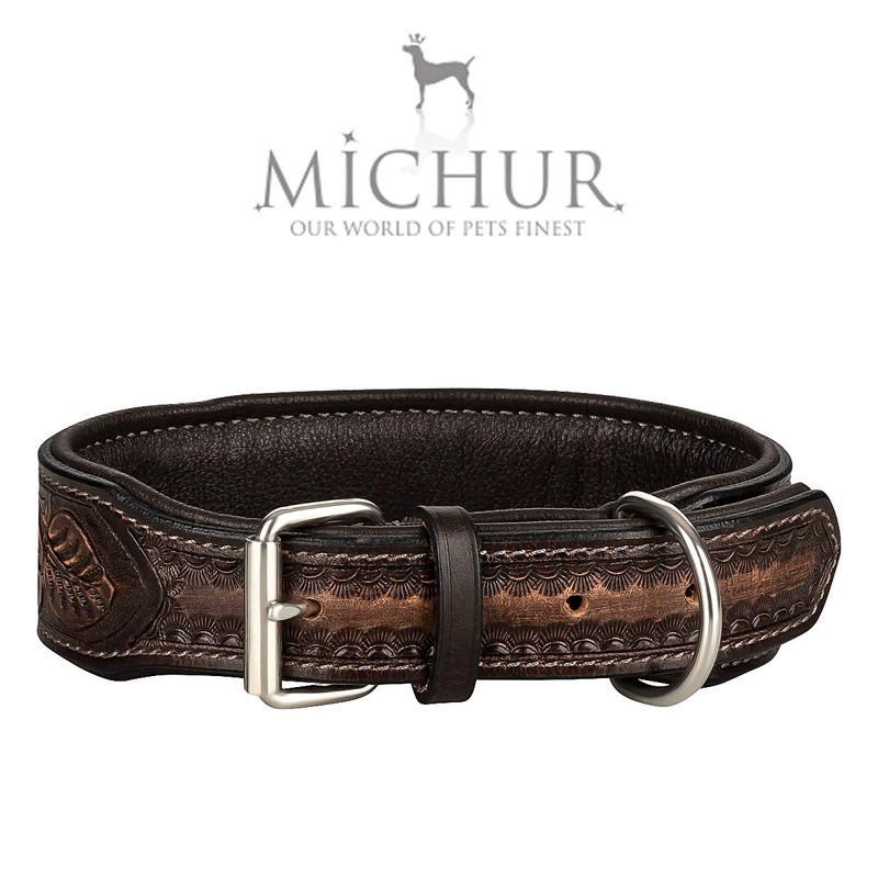 Michur Antonio Leather Dog Collar Brown Leather with Blue Stones