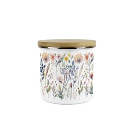 Pastel Flowers Decaf Tea Storage Canister - Pretty Watercolour Floral Homewares Gifts - White Metal Enamel Medium Sized Kitchen Food/Drinks Storage Container