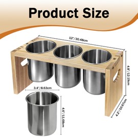 EcoDuck 3 Pack Utensil Holder, Stainless Steel Organizer with Wood Base, 3 Compartment Flatware Caddy for Spoons Knives Forks, Kitchen Utensil Holder Countertop Organizer for Cabinet Buffet