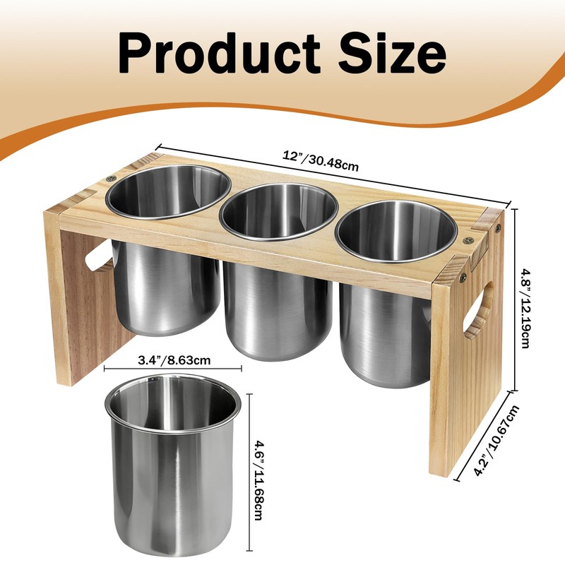 EcoDuck 3 Pack Utensil Holder, Stainless Steel Organizer with Wood