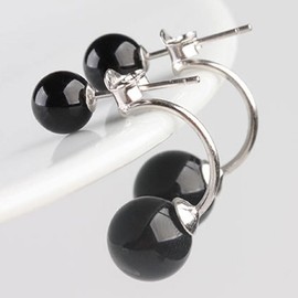 Rakumi Double Pearl Earrings Dangling Sterling Silver Two White Round Pearl Cycle Jacket Earrings (black)