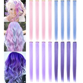 FAIRY COLOR 16 PCS Princess Colored Extensions Multi-Colors Party Highlights Streak Synthetic Hairpieces Clip-In/Clip On Colored Hair Extensions (lavender+light blue+light purple+light pink)