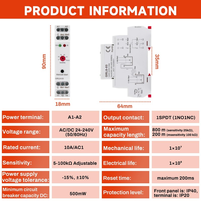 ZPSHYD GRL8-03 Water Level Controller Relay, AC/DC 24-240V 10A Liquid