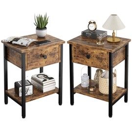 Night Stand Set of 2, Bedside Table with Drawers, Modern End Side Table with Storage Shelves, Versatile Nightstands for Bedroom Living Room Sofa Couch, Wood Metal Bedroom Furniture, Rustic Brown