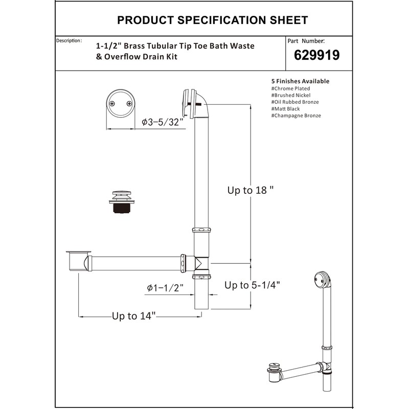 Artiwell 1-1/2" Brass Tubular Bath Drain Kit with Tip-Toe Bath