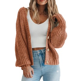 PRETTYGARDEN Womens Long Sleeve Cardigan Sweaters for Women Dressy, Button Down Soft Knitted Short Cardigans (Light Orange,X-Large)