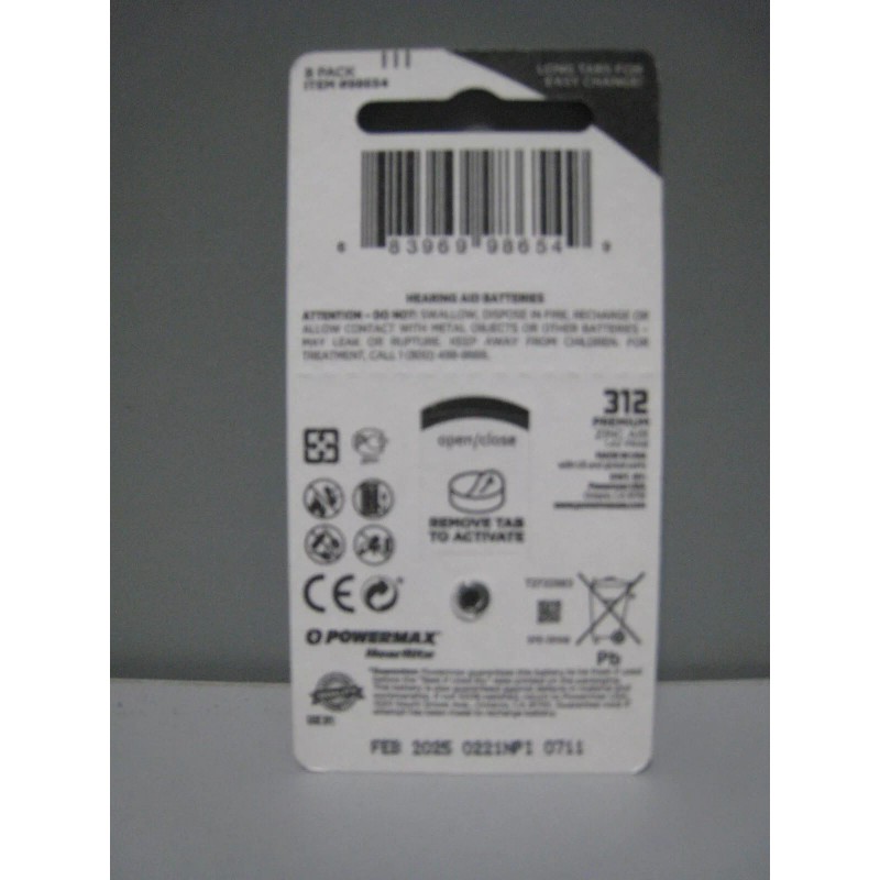 Powermax HearRite Size 312 Hearing Aid Batteries 8 Pack #98654