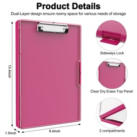 Clipboard with Storage, 8.5x11" Clip Boards with 2 Storage Case and A4 Paper Folder, Clear Dry Erase Top Panel, Heavy Duty Plastic, Folio & Side-Opening, for Nurses, Teacher, Lawers, Red