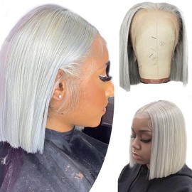 Valiilo Grey Bob Wig Human Hair 8 Inch 13x4 Lace Front Wigs Grey Short Straight Bob Lace Frontal Wigs for Black Women Pre Plucked 180% Density