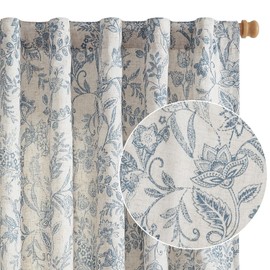 Vangao Lined Linen Blend Curtains for Bedroom Floral Curtains 63 Inches Long Blue Flower Printed Drapes for Living Room Rod Pocket Farmhouse Patterned Window Treatments Set 2 Panels