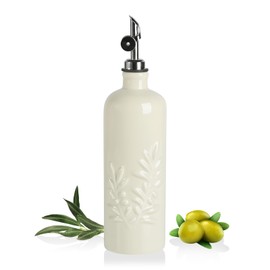 Sweejar 18 Oz Oil Dispenser for Kitchen with Gravity Spout, Ceramic Olive Oil Dispenser Bottle, Relief Opaque Vinegar Container for Evoo, Vinegar, Soy Sauce, Pack of 1(Beige, Silver Spout)