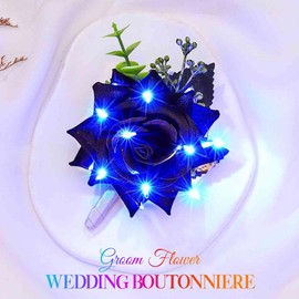 Latious Light Up Bride Wedding Rose Boutonniere Black LED Groom Flower Buttonholes Glow Prom Suit Decoration for Men (Black-Blue Light)