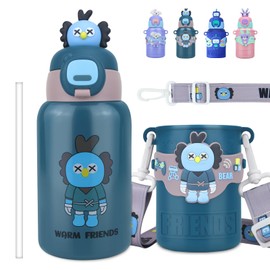 BOCHION Kids Water Bottles with Straw, Water Bottle Kids Leak Proof, Stainless Steel Kids Water Bottle with Cup Sleeve, Easy Open, Secure Lock, for School Nursery Travel, 450ml (Dark Green)