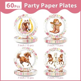 60Pcs Horse Birthday Paper Plates 7" Heavy Duty Paper Plates