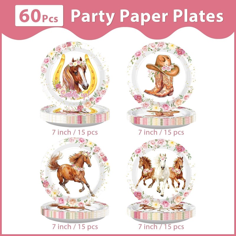 60Pcs Horse Birthday Paper Plates 7" Heavy Duty Paper Plates