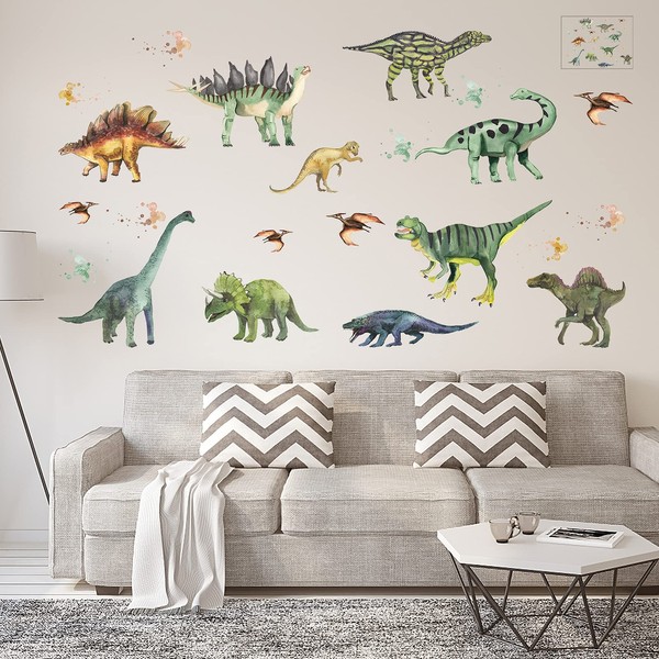 olyee 14 Pack Dinosaurs Wall Stickers, Colourful Forest Dinosaur Decals Kids Baby Wall Stickers Decals Peel and Stick Removable for Nursery Bedroom Living Room Art Murals Decorations