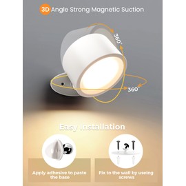 ESUNYD LED Wall Sconces Rechargeable Wall Mounted Wireless Lights, 3 Color Temperatures & Dimmable, Magnetic 360° Rotation Picture Lights Bedside Decor Wall Lamps for Bedroom Night Reading-White