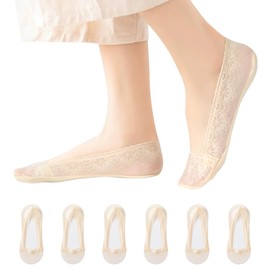 Women’s Lace Invisible Socks - 6-Pairs Cotton Breathable Anti-Slip Boat Hidden Low-Cut Lace Liner Socks for High Heels Flats