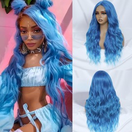 Ombre Blue Wig for Women Long Wavy Blue Wig Middle Part 26 Inch Wigs Heat Resistant Synthetic Wig for Daily Use