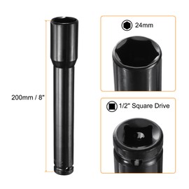 sourcing map Deep Impact Socket 1/2" Square Drive by 24mm Metric 6 Point Socket 200mm (8") Extra Long High Carbon Steel Flip Socket for Home Auto Hex Nuts Bolts Repair, Black