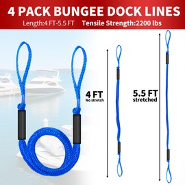 NIUTRIP 4FT Bungee Dock Line with Foam Floats Stretchable Boat Rope for Kayak, Jet Ski, Pontoon, Seadoo, Canoe, Fishing Boat Shock-Absorbent Dock Lines (4-Pack Blue)