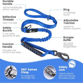 Bungee Dog Lead - Shock Absorbing 4-6ft Dog Leash that Softens Pulls & Stops Neoprene Padded Loop & Traffic Handles for Extra Comfort Car Seat Belt Buckle, Reflective for Safe Night Walking - Blue