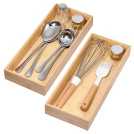 Dimeho Bamboo Drawer Organizer Set, 2 Pcs 15 Inch Stackable Individual Wood Storage Organizers Trays Containers for Kitchen Office Drawers Bathroom Storage Box Makeup Jewelry Utensils