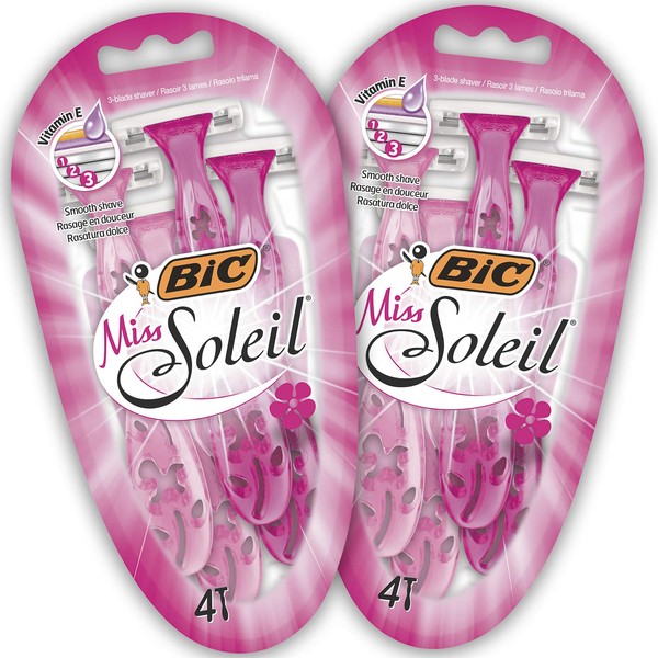 BIC Miss Soleil Colour Collection, Triple Blade Razor for Women, Stainless Steel Blades, With Flower Designed Handles, Pack of 8