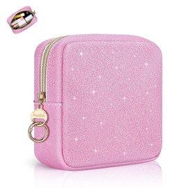 Cosmetic Bag, Small Cosmetic Bag, Mini Make Up Bag, PU Leather, Glitter, Portable Travel Cosmetic Accessory Organiser, Multifunctional Purse, Toiletry Bag, Tying Storage for Women, pink