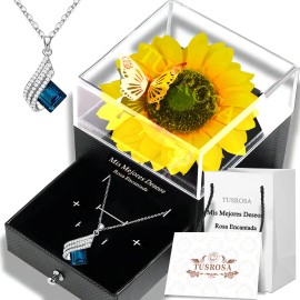 Flores De Girasoles Eterna con Luz LED y Collar de Zafiro, Girasol Eterno Regalo Elegante para Aniversario, Día Internacional de la Mujer 8 de Marzo, Cumpleaños y Celebraciones Especiales en Marzo