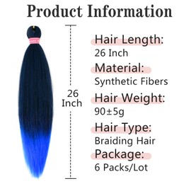 MSBELLE Blue Braiding Hair Pre Stretched,26 Inch 6 Pack Prestretched Ombre Braiding Hair Extensions for Women Synthetic Soft Yaki Texture Crochet Braids Hair Extensions (1B/Blue)