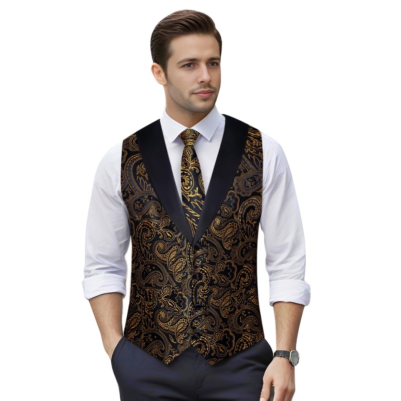 DiBanGu Mens Paisley Suit Vest Silk Jacquard Waistcoat and Necktie