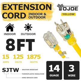 YOJOE 14/3 8 ft Outdoor Extension Cord - 14 Gauge 3 Prong SJTW Heavy Duty Extension Cord Waterproof, Power Extension Cable for Yard Outdoor Decorations, Tools, Appliances, UL Listed, Yellow