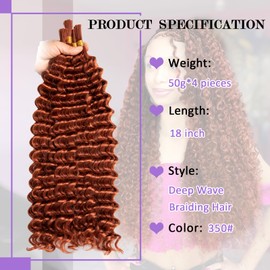 hipink Ginger Bohemian Braiding Hair 18 Inch Deep Wave Bulk Hair 4 Packs 200g No Weft Curls for Boho Braids Wet and Wavy Curly Hair Extensions Reddish Brown, 350#