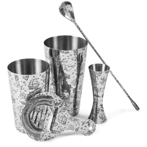 Urban Bar 5pc Tattoo Cocktail Set – Gift Ready, 5-in-1 Stainless Steel Cocktail Making Kit – Tin & Tin Shaker, Jigger, Strainer & Spoon – Bartender Quality, Made with Japanese Steel & Dishwasher Safe