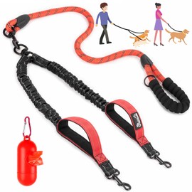 Lukovee Double Dog Leash, No Tangle 360° Swivel Heavy Duty Reflective Lead with Two Padded Handles Dual Dog Splitter, Comfortable Shock Absorbing Walking Training for Small Medium Large Dogs(Red,L)