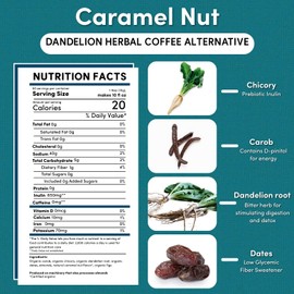 Teeccino Dandelion Caramel Nut Herbal Coffee, 1.1 Pound - Caffeine-Free Coffee Alternative with Prebiotics, Gluten Free, Acid Free - Medium Roast