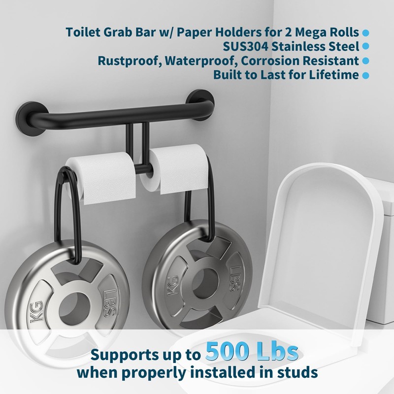 Grab Bar w/Double Toilet Paper Roll Holder Brushed Nickel, iHansee