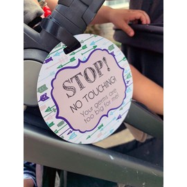 THREE LITTLE TOTS – Blue Arrow Modern Stop No Touching Baby Car Seat Sign or Stroller Tag - CPSIA Safety Tested