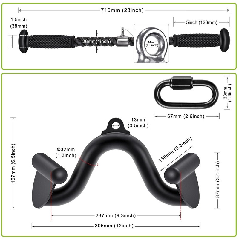 Kipika Cable Machine Attachments, 28” Tricep Rope, 12" LAT Pull