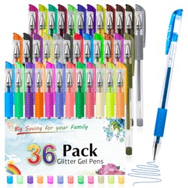 Aen Art Glitter Gel Pens for Adult Coloring Books, 36 Colors Gel Marker Set Colored Pen with 40% More Ink for Kids Drawing, Doodling, Crafts and Taking Note