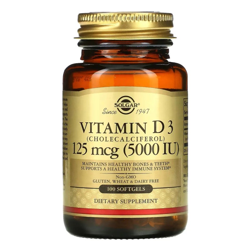 Vitamina D3, colecalciferol, 5000 UI, 100 cápsulas blandas